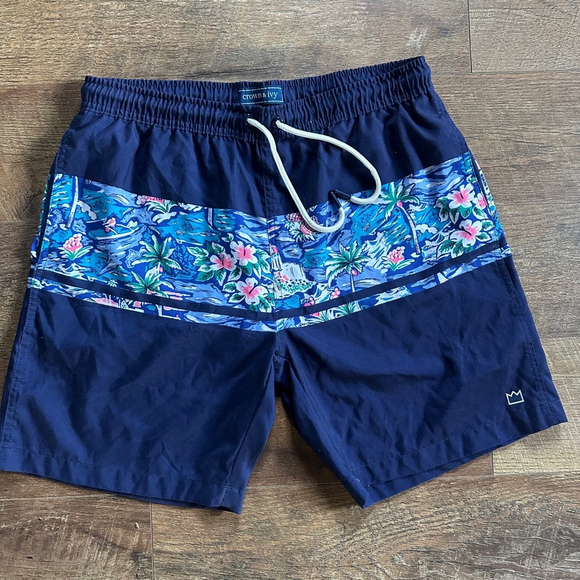 Men's Crown & Ivy Swim Trunks Shorts M Blue Floral - Picture 1 of 7